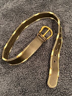 Vintage Black Leather Belt with Gold and Beige Accent Beads